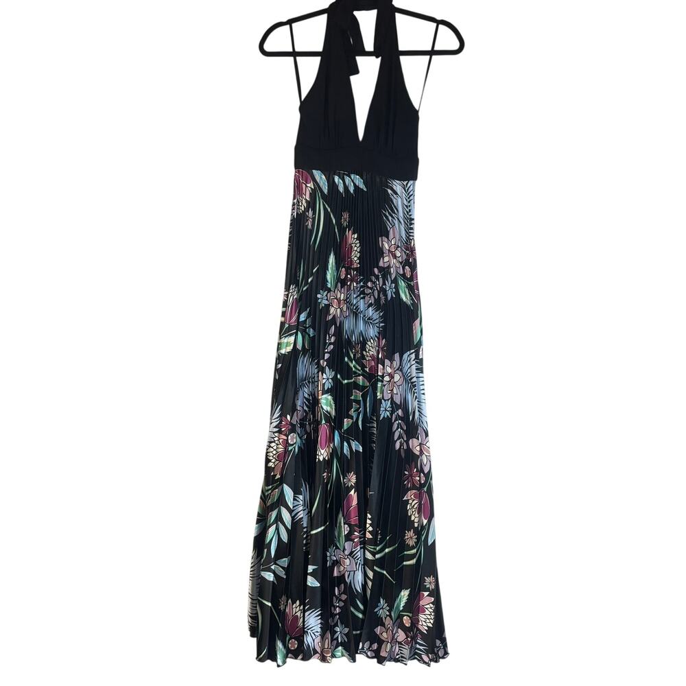 Betsy & Adam Womens 6 Black Floral Pleated Maxi Dress Halter Formal Gown